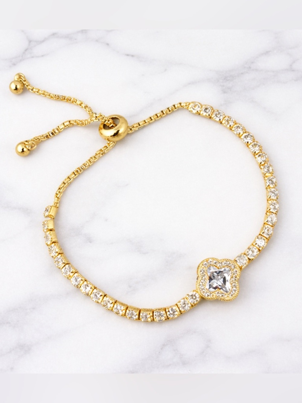 Gold Pavè Crystal Clover Adjustable Tennis Bracelet